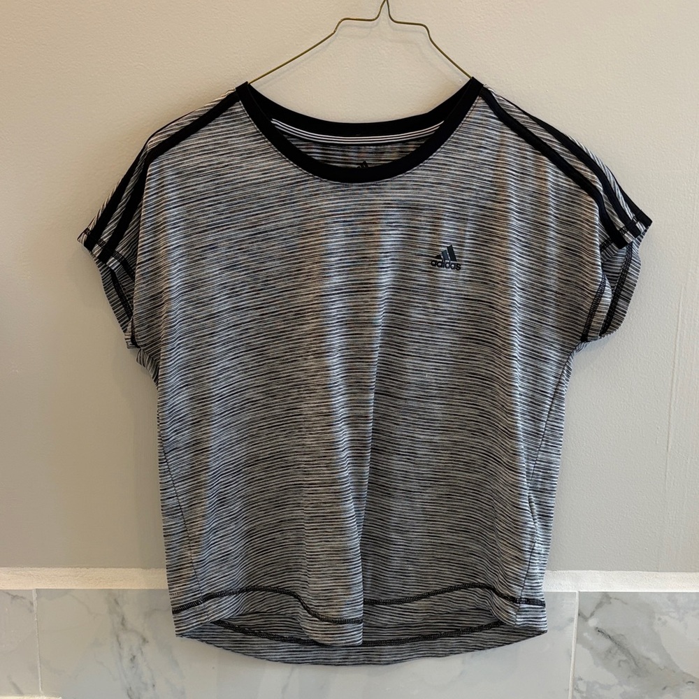 adidas Women's Black & Gray Striped Short Sleeve Tee